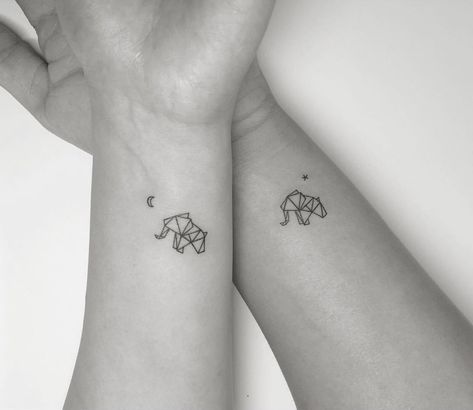 Matching Elephant Tattoos Friends, Couple Elephant Tattoo, Elephant Matching Tattoos, Elephant Couple Tattoo, Bestie Tats, Geometric Elephant Tattoo, Unique Tattoos Black Women, Playground Tattoo, Matching Tattoos For Best Friends