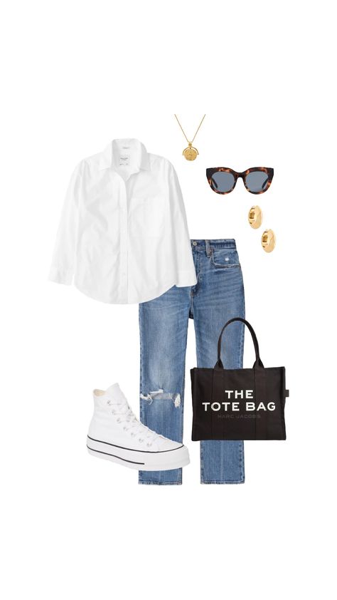 Styling A White Tshirt, Jean And Tshirt Outfits, Converse White Outfit, White Converse Outfit, Ootd Moodboard, White Tshirt Outfit, High Tops Outfit, White Converse Outfits, Jean Jean