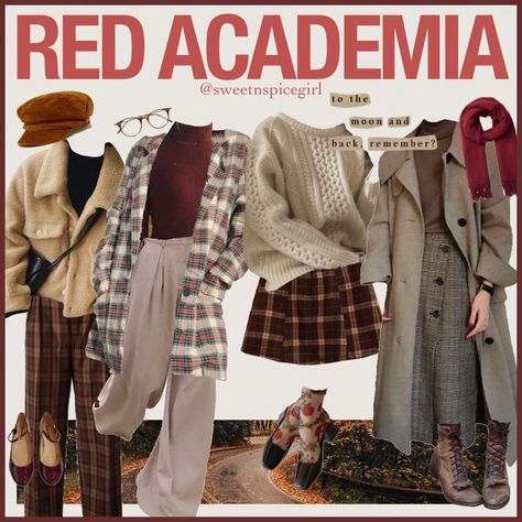 Red And Evermore, Clothes Asethic, Red Academia Outfit, Red Autumn Aesthetic Outfit, Red Academia Aesthetic Outfits, Fall Academia Aesthetic, Bookworm Outfits, Red Cottagecore Aesthetic Outfits, Fall Academia