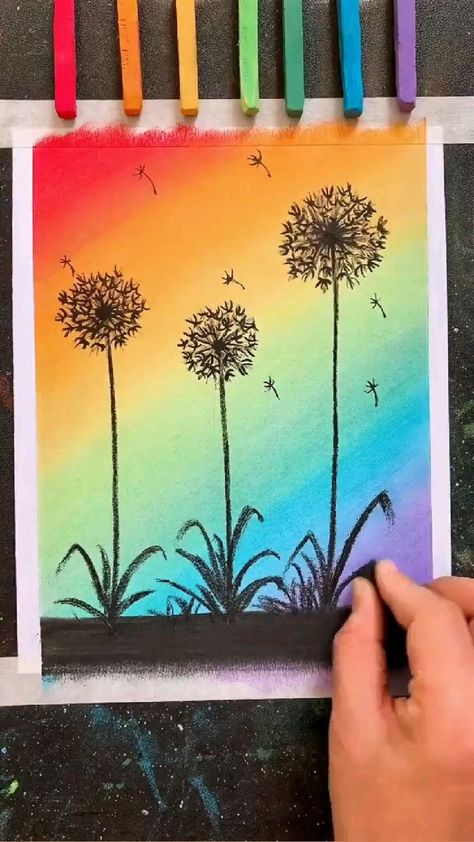 Draw Dandelion, Crayon Painting, Oil Pastel Drawings Easy, Soft Pastels Drawing, Soft Pastel Art, Crayon Drawings, Oil Pastel Paintings, Oil Pastel Art, Oil Pastel Drawings