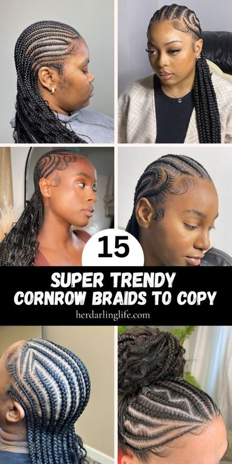 Cornrows On Dark Skin- Choose braids with curls in the back for a lasting look! These braids for black women that last long are perfect for any occasion. Opt for braids that don’t take long to do and braids you can sleep in. Try one attachment hairstyles for a natural style……cornrows that go back,cornrow ideas for black women, cornrow inspo black women Full Cornrow Hairstyles, Cornrow And Knotless Braids, Cornrow Undercut, Corn Rolls With Knotless Braids, Cornrows Braids With Curls, Layered Cornrows Braids, Updo Cornrows Braids Black Women, Cornrow Ideas For Black Women, Stitch Cornrows For Black Women