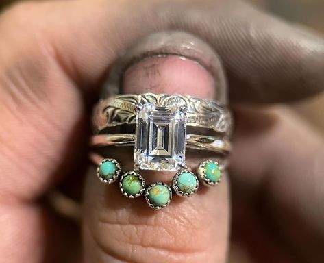 Wedding Ring With Turquoise Stacker, Turquoise Wedding Ring Stack, Western Turquoise Wedding Ring, Western Gothic Wedding, Western Wedding Rings With Turquoise, Wedding Ring Western, Cowboy Style Wedding, Western Rings Engagement, Country Engagement Rings