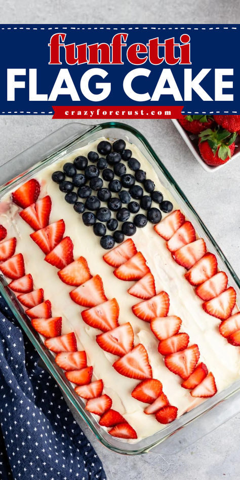 This easy Flag Cake is the perfect 4th of July dessert. It's a funfetti cake from scratch and decorated like an American flag! Easy 4th Of July Cake, American Flag Desserts, Flag Cakes American, 4th Of July Desserts Cake, July 4 Cake, 4th Of July Sheet Cake, 4th Of July Desserts For A Crowd, Funfetti Cake From Scratch, Easy Flag Cake