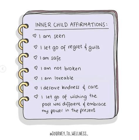 Inner child affirmations help heal past wounds, reconnect with innocence, and cultivate self-love. By acknowledging and nurturing your inner child, you promote emotional healing, resilience, and a deeper sense of joy and fulfillment in your life. #innerchild #innerchildhealing #innerchildaffirmations #pastwounds #pastwoundshealing #traumahealing #resilience #selflove #healingjourney #mentalhealthawareness Inner Child Healing Affirmations, Inner Child Healing Art, Inner Child Affirmations, Child Affirmations, Healing Inner Child, Healing Affirmations, Inner Child Healing, Healing Therapy, Bullet Journal Writing