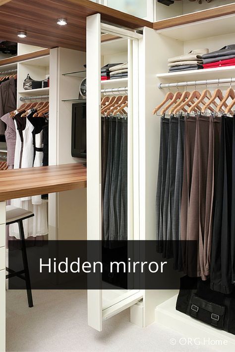 Love this feature. A slide out mirror in a custom laminate closet organizer system. Click through to learn the difference between wire and laminate for a closet system. Grey Beds, Remodel Garage, Hidden Mirror, Closet Mirror, Bedroom Remodeling, Master Closet Organization, Remodel Farmhouse, Custom Closet Organization, Bath Bedroom