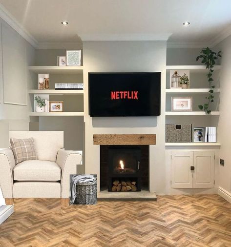 Fireplace With Paneling, Chimney With Shelves, Small Media Wall With Fireplace And Tv, Tv Chimney Wall, Small Front Room, Media Wall On Chimney Breast, Media Wall Chimney Breast, Tv Mounted On Chimney Breast, Fake Chimney Living Rooms