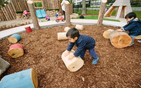 Toronto Montessori School Child Care Playground | Earthscape Play Stump Playground, Waldorf Playground, Infant Playground, School Playground Design, Kids Outdoor Spaces, Outdoor Preschool, Playground Activities, Preschool Playground, Natural Playgrounds