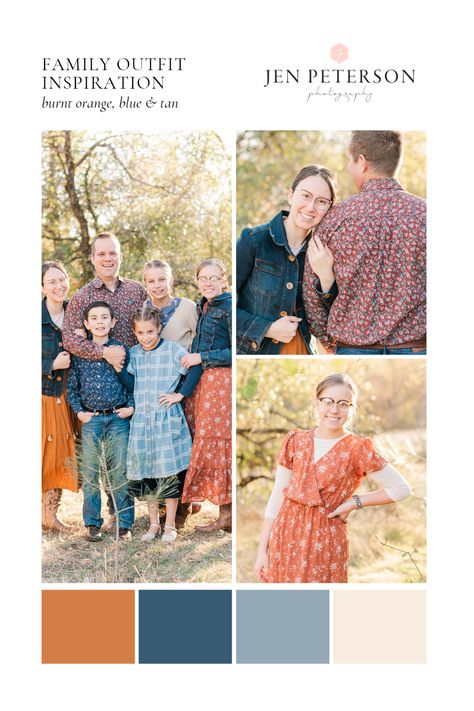 Navy And Terracotta Family Pictures, Blue And Orange Family Pictures, Navy And Burnt Orange Family Pictures, Rust And Blue Family Photo Outfits, Family Photos Burnt Orange, Orange Family Photo Outfits, Burnt Orange Family Pictures Outfits, Navy Family Pictures, Western Family Photos