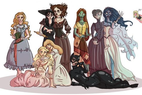 Burton Girls Kim From Edward Scissorhands, Tassel Aesthetic, Lydia From Beetlejuice, Katrina Van Tassel, Cherrie Currie, Corpse Bride Art, Gothic Characters, Bride Art, Goth Things