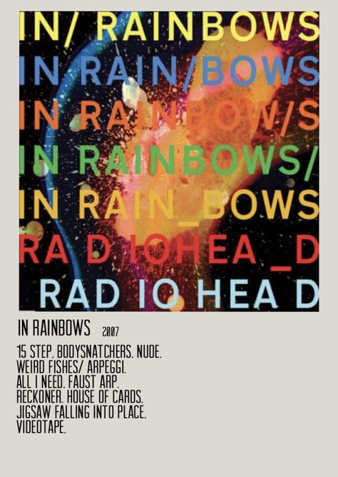 In Rainbows Radiohead, Radiohead In Rainbows, Radiohead Poster, Radiohead Albums, Radiohead Songs, Music Edits, Polaroid Album, Music Bedroom, In Rainbows