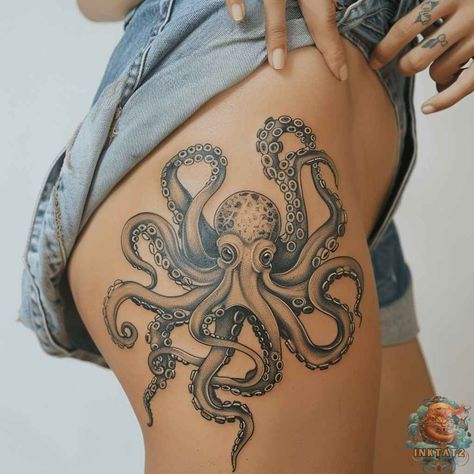 Octopus Tattoo Back, Feminine Octopus Tattoos, Octopus Tattoos Thigh, Marine Tattoos For Women, Octopus Tattoos For Women, Tattoo On The Thigh, Octopus Thigh Tattoos, Tattoo Octopus, Sea Tattoos