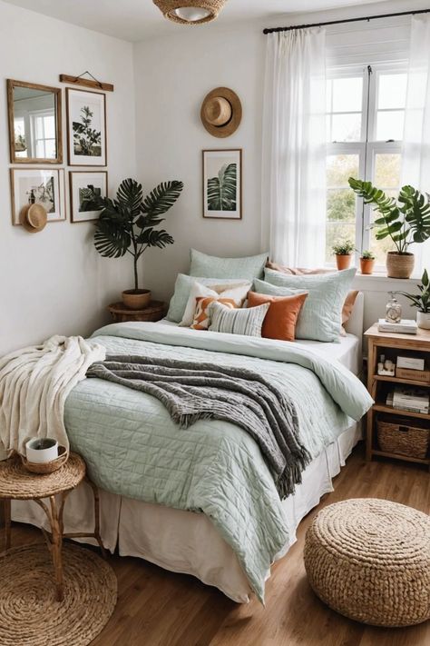 Bedroom Inspirations 2024, Cozy Summer Bedroom, Scandi Cottage, Summer Bedroom Ideas, Bathroom Room Decor, Relaxing Bedroom Ideas, Decor Ideas For Living Room, Home Decor Cozy, Apartment Decorating Living