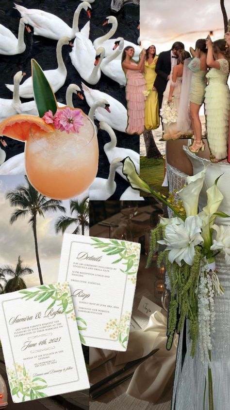 Tropical Wedding Destination | Wedding Inspo | Beach Floral Arrangement | Elegant European Summer Wedding | Wedding Invitation Template | Inspiration Mood Board Destination Wedding Mood Board, Vintage Tropical Wedding, European Summer Wedding, Tropical Wedding Color Palette, Boho Tropical Wedding, Tropical Destination Wedding, Beach Floral, Tropical Destinations, Luxury Weddings