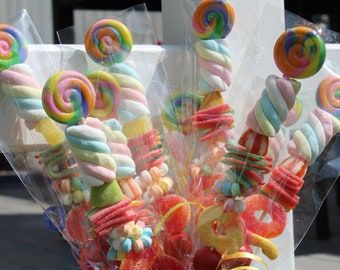 Lollipop Candy Kabobs, Gummy Candy Kabobs, Gourmet Lollipops, Candy Kabobs, Candy Centerpieces, Rainbow Lollipops, Swirl Lollipops, Handmade Candy, Pastel Candy