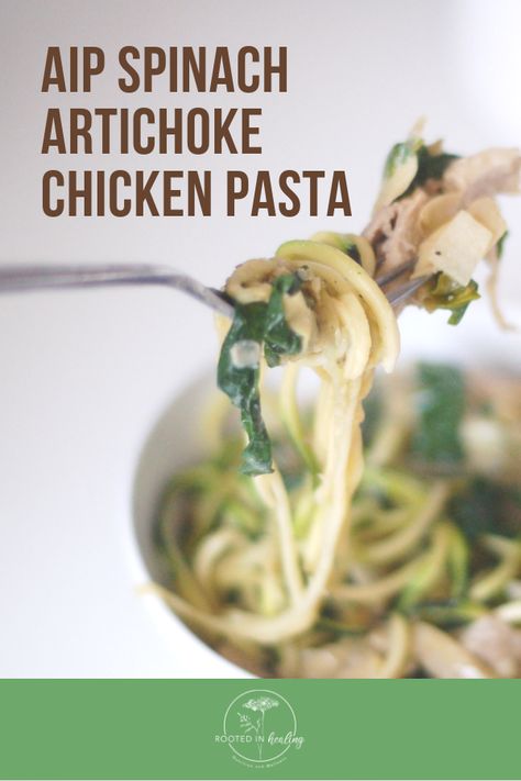 Aip Noodles Recipes, Aip Spinach Recipes, Nemechek Protocol Recipes, Spinach Artichoke Chicken Pasta, Aip Pasta, Aip Dinners, Chicken Artichoke Pasta, Aip Chicken, Aip Dinner