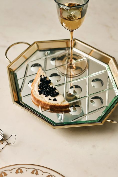 The Met x Anthropologie Mirrored Metal Tray | AnthroLiving Bar Tray Styling, Mirrored Serving Tray, Crown Candle Holder, Anthropologie Mirror, Picture Frame Ornaments, The Gilded Age, Art Nouveau Pattern, Tray Styling, Glass Stars