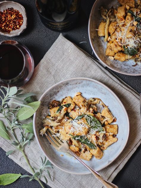 Butternut Squash Gnocchi in Sage Brown Butter Sauce with Mushrooms and Hazelnuts Sage Brown Butter Sauce, Butternut Squash Gnocchi, Squash Gnocchi, Sage Brown Butter, Sage Sauce, Parmesan Cheese Potatoes, Brown Butter Sauce, Oyster Mushrooms, Gnocchi Recipes