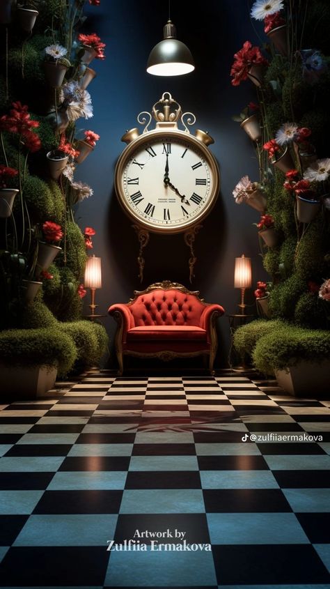 Alice In Wonderland Stairs, Alice In Wonderland Booth Ideas, Mad Hatter Decor, Alice In Wonderland Living Room, Alice In The Wonderland Aesthetic, Alice In Wonderland Set Design, Alice In Wonderland Interior Design, Alice In Wonderland Backdrop, Alice In Wonderland Clock