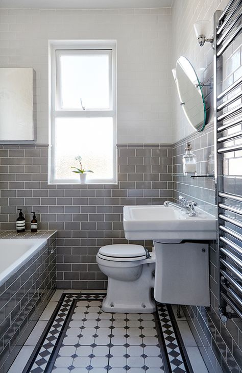 Also check out the interesting tile use around the tub base - allowing a little doorway to the plumbing?? Edwardian Bathroom, Grey Wall Tiles, Best Kitchen Design, Traditional Bathroom Designs, Refinish Bathtub, Interior Design London, Victorian Bathroom, Edwardian House, Studio Interior Design