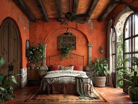 Spanish Ranch Style Homes, Hacienda Style Bedroom, Hacienda Bedroom, Hacienda Style Homes Mexican, Hacienda Style Kitchen, Mexican Bedroom, Colonial Interior Design, Hacienda Style Homes, Colonial Interior