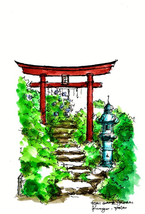 Asian Temple Drawing, Japanese Landscape Sketch, Simple Japanese Painting Ideas, Japanese Temple Watercolor, Drawing Of Japan, Drawing Ideas Japanese, Japan Sketch Drawings, Japanese Castle Drawing, Chinese Temple Drawing