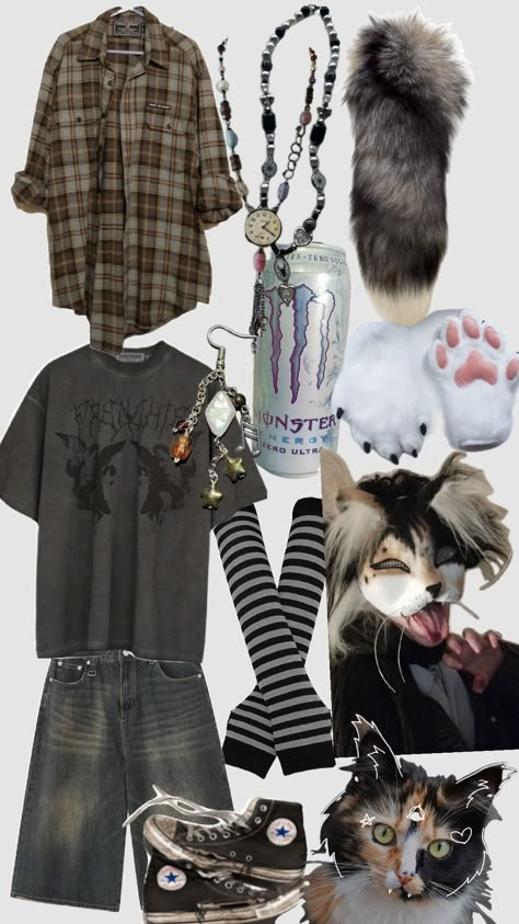 Grunge Therian Outfits, Therian Outfits Cat, Catcore Outfits, Therian Outfits For School, Coyote Therian Outfit, Therian Clothing Style, Calico Cat Mask, Calico Cat Therian Mask, Therian Fashion