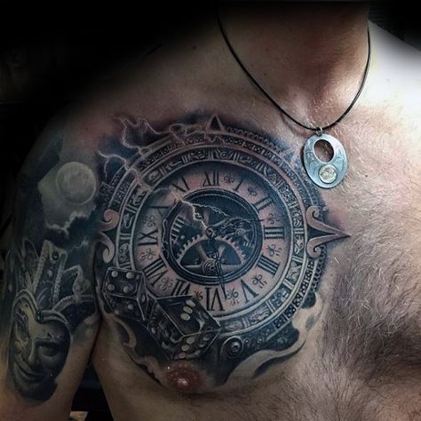 3D Tattoos Designs Chest Tattoo Designs For Men, Gear Tattoo, Clock Tattoo Design, Mens Shoulder Tattoo, Cool Chest Tattoos, Chest Tattoos For Women, Chest Piece Tattoos, Chest Tattoo Men, Cool Tattoos For Guys