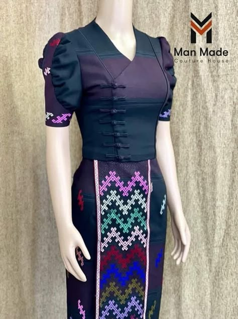 ဂါ၀န် Design, ကချင်ထည် Design, Myanmar Dress Design Fashion, Kachin Dress, Burma Dress, Black Dress Outfit Party, Myanmar Outfit, New Years Eve Dress, Myanmar Fashion