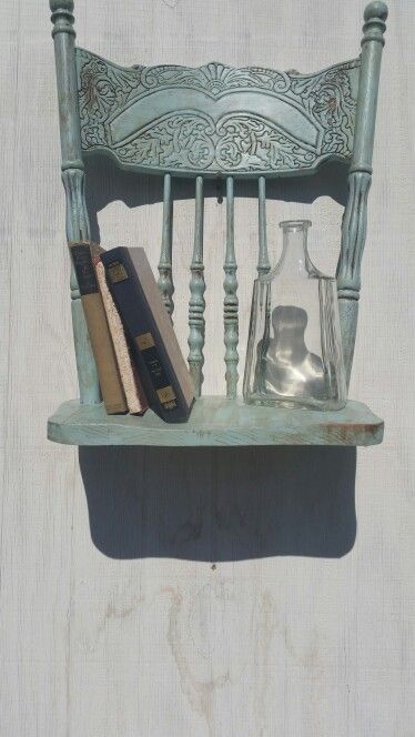 Chair Shelves, Chairs On Wall Display Shelves, Old Wooden Chairs Ideas Decor, Repurposed Wooden Chairs, Wood Chair Repurpose Ideas, Bookshelf Made From Stacked Chairs, Repurpose Chairs Wooden, Shelf Made From Antique Chairs, Diy Furniture Repair