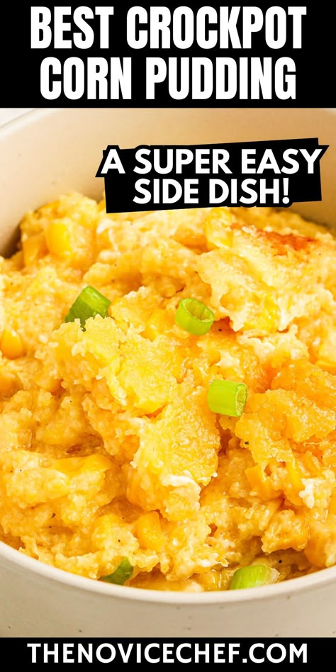 This rich and creamy crockpot corn casserole is an easy, set-and-forget crockpot side dish to save you from the holiday craze! Topped with sliced green onions, this sweet and savory corn pudding is like having cornbread and pudding in a single bite. Creamy Crockpot Corn, Crockpot Corn Casserole, Slow Cooker Corn Casserole, Corn Casserole Crockpot, Crockpot Corn, Casserole Crockpot Recipes, Crockpot Side Dishes, Corn Casserole Recipe, Crockpot Casserole