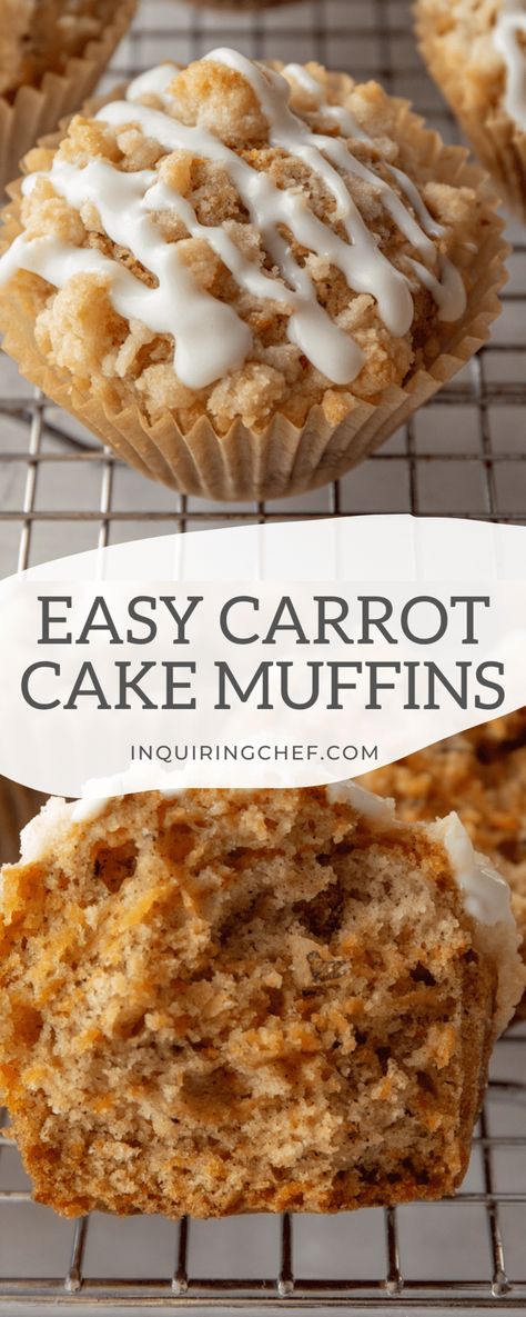 Carrot cake muffins are filled with naturally sweet shredded carrots, and topped with a brown sugar crumb topping and cream cheese glaze. Perfect for breakfast or brunch, and an especially great addition to Easter brunch! #muffins #breakfast #brunch #baking #carrotcake #easyrecipe Easy Carrot Cake Muffins, Carrots Brown Sugar, Carrot Cake Muffins Recipe, Baking Recipes Muffins, Brunch Baking, Carrot Muffins Easy, Brunch Muffins, Carrot Cake Muffin Recipe, Healthy Carrot Cake Muffins