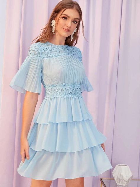 Prom Dancing, Layered Hem Dress, Hollister Style, Styles Clothes, Stylish Gown, Gown Styles, Blue Pastel, Frill Dress, Pleated Bodice