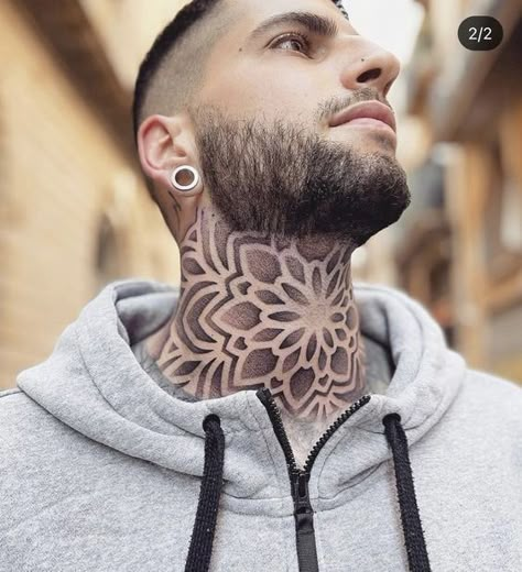 Geometric Throat Tattoo, Mandala Tattoo Neck, Geometric Tattoo Ideas, Geometric Tattoo Neck, Flower Neck Tattoo, Mandala Tattoo Men, Front Neck Tattoo, Full Neck Tattoos, Nape Tattoo