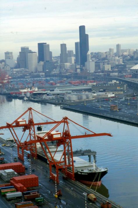 Seattle Municipal Archives Digital Collections : Image Record : [Ship and container dock, Harbor Island and Seattle skyline] [104277] Skyline Image, Dystopian Society, Seattle Waterfront, Manga Ideas, Harbor Island, Golden Gate Bridge, Seattle Skyline, Wyoming, School Work