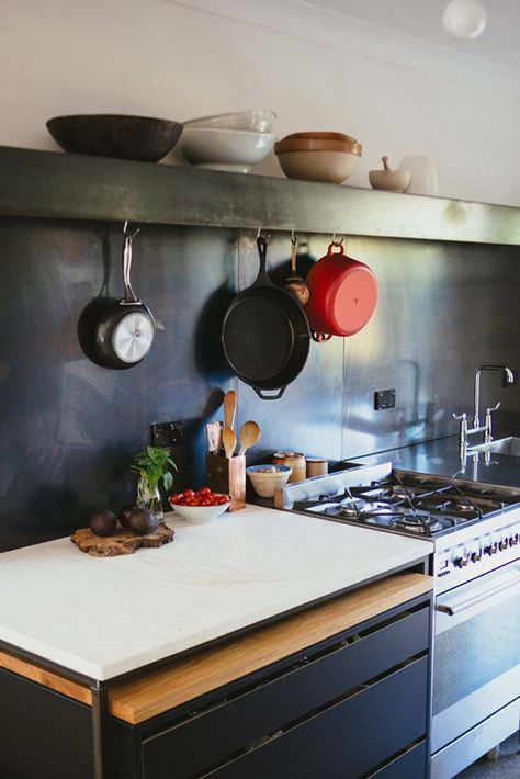 Auckland Kitchen by Studio106 | Remodelista Metal Kitchen Backsplash, Metal Backsplash, Stainless Steel Kitchen Backsplash, Single Wall Kitchen, Metal Backsplash Kitchen, Stainless Backsplash, Stainless Steel Backsplash, Steel Backsplash, Replacing Kitchen Countertops