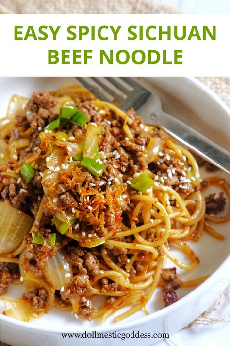 Quick and easy Spicy Sichuan Beef Noodle that you can make at home without any hassle. taste just like the one you bought from oriental restaurants! #dollmesticgoddess #sichuanrecipe #beefrecipe #asianrecipe #sichuannoodles #recipeofpinterest Sichuan Beef, Sichuan Recipes, Spicy Noodles Recipe, Sukiyaki Recipe, Asian Noodle Salad, Asian Noodle Dishes, Chinese Stir Fry, Grain Recipes, Asian Noodle Recipes