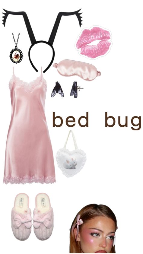 fancy dress pink bed bug halloween costume idea for girls women Pink Robe Halloween Costume, 2010s Halloween Costumes, Bug Halloween Costume Women, Bug Costume Women, Halloween Costumes With Pink Dress, Girly Costumes For Halloween, Cutesy Halloween Costumes, Slip Dress Halloween Costume, Pink Dress Halloween Costume Ideas