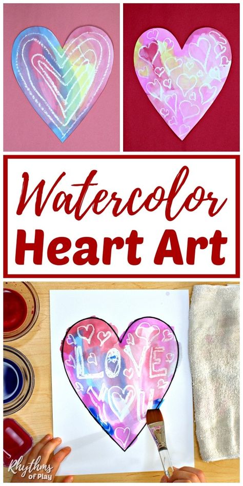 SURPRISE WATERCOLOR HEART ART PAINTING IDEAS - Use our FREE Heart template printable and choose between a watercolor resist medium such as crayon wax or pastel, and the wet-on-wet painting method to create surprise heart art for Valentine's Day this year! | #PaintingIdea #ArtProject #HeartArt #WatercolorPainting #ValentinesDay Heart Art Painting, Watercolor Resist, Art Painting Ideas, Heart Art Projects, Ideas Watercolor, Valentine Art Projects, Valentines Watercolor, Valentine's Day Crafts For Kids, Preschool Valentines