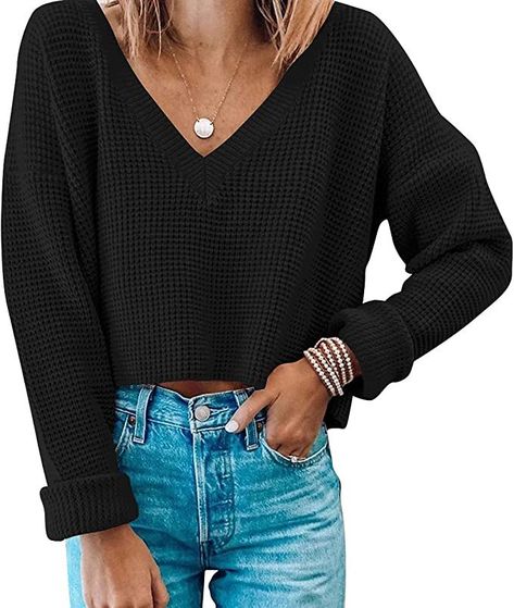 Crop Top Styles, Moda Denim, Crop Pullover, Denim Fashion Women, High Fashion Outfits, Cropped Pullover, Crop Top Casual, Long Sleeve Pullover Sweater, Crop Sweater