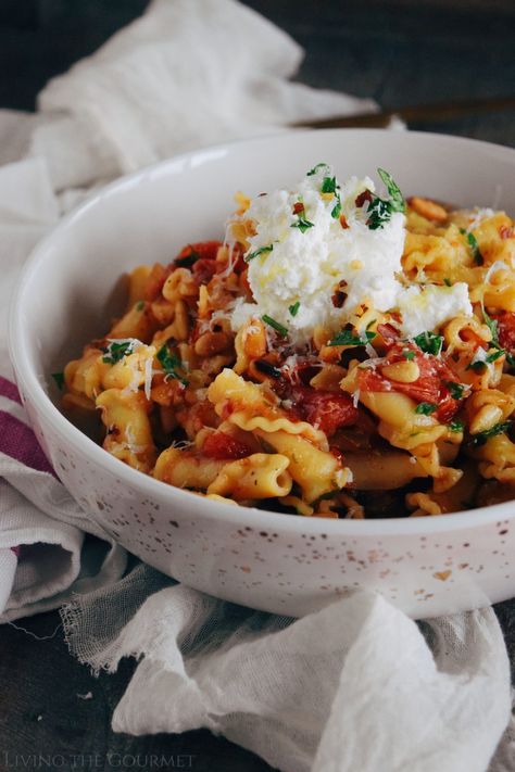 Campanelle with Fresh Tomato Sauce - Living The Gourmet Campanelle Pasta Recipes, Salad Pasta Recipes, Sweet Meatballs, Campanelle Pasta, Fresh Tomato Sauce, European Recipes, Salad Pasta, Sauteed Vegetables, Pasta Dish