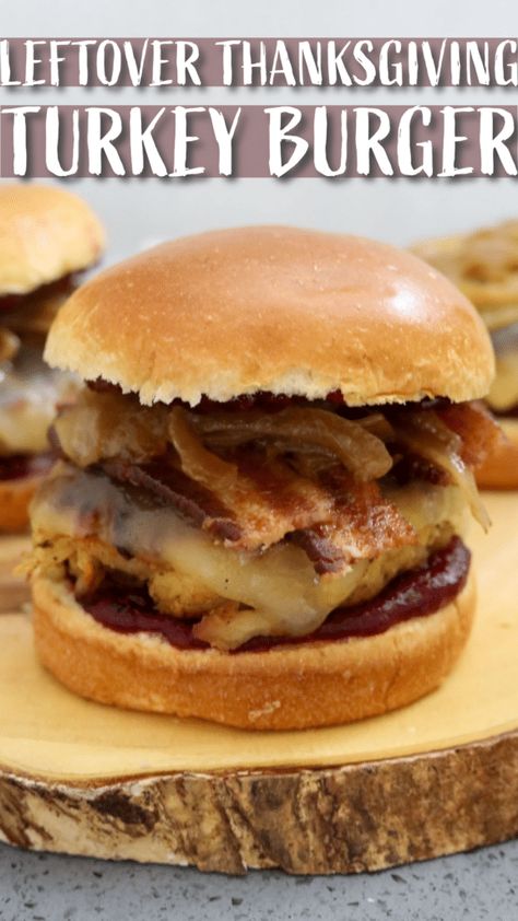 These leftover Thanksgiving turkey burgers are the perfect way to use up those leftovers. The patty is made with shredded turkey topped with cranberry sauce, crispy bacon, melted cheese and caramelized onions. A perfect way to enjoy some of your favorite Thanksgiving meal items. Sweet Potato Rolls, Inexpensive Dinners, Shredded Turkey, Dinner Leftovers, Thanksgiving Turkey Leftovers, Leftover Turkey Recipes, Burger Toppings, Thanksgiving Leftovers, Turkey Burger