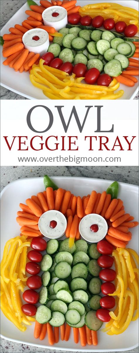 Owl Veggie Tray - Over the Big Moon Owl Vegetable Platter, Owl Vegetable Tray, Decorative Vegetable Trays, Owl Veggie Tray, Kids Party Finger Foods, Fruit Tray Ideas, Vegetable Trays, Appetizers For Kids, Fall Appetizers