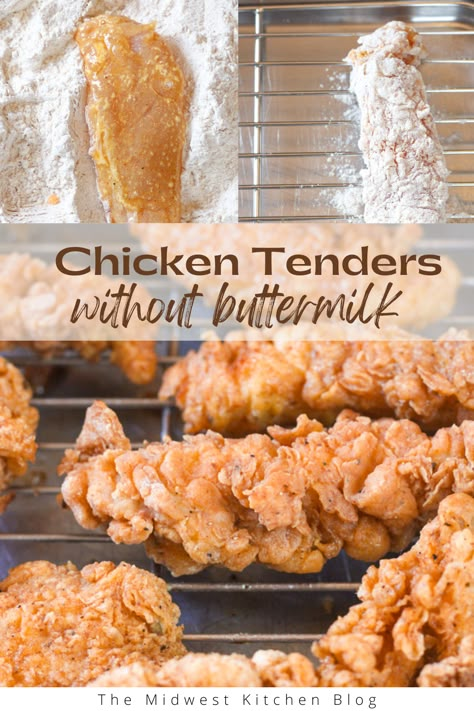 ​This fried chicken tenders recipe without buttermilk is finger-lickin'-good! Unbelievably crispy and juicy, these homemade fried chicken strips are coated in a seasoned flour mixture and then fried in a cast iron skillet until the inside is juicy and tender and the outside is perfectly crisp and crunchy! Crispy Chicken Tenders No Buttermilk, Double Fried Chicken Tenders, Extra Crispy Fried Chicken Tenders, Fried Chicken Tenders No Buttermilk, How To Make Crispy Chicken Tenders, No Buttermilk Fried Chicken, Crispy Chicken Breading Recipe, Country Fried Chicken Tenders, Stovetop Fried Chicken