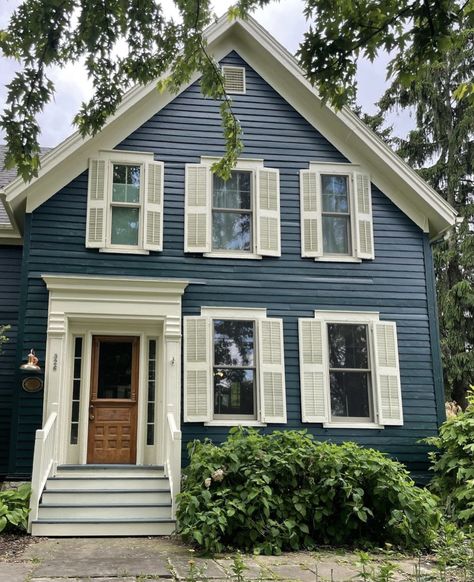 Blue House With Shutters, House With Shutters, Blue Home Exterior, Cottage Paint Colors, House Shutters, Brown Doors, Cottage Painting, Blue Cottage, Blue House