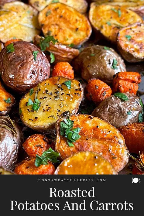 This crispy and tender roasted potatoes and carrots recipe is a perfect side dish for almost any weeknight or holiday meal. Multi Colored Potato Recipes, Roasted Potato And Carrots, Potato And Carrot Recipes, Roasted Potatoes Carrots And Onions, Rainbow Potatoes, Roasted Carrots And Potatoes, Roasted Mini Potatoes, Vege Dishes, Vegetable Dishes Recipes