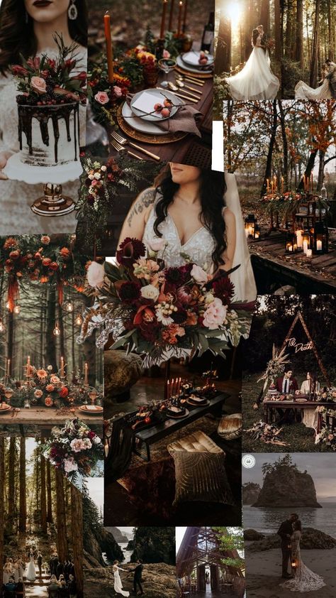 Fall Forest Wedding, Dark Romantic Wedding, Gothic Wedding Theme, Romantic Wedding Colors, Dark Wedding Theme, Black And White Wedding Theme, Wedding Collage, Forest Theme Wedding, Tan Wedding