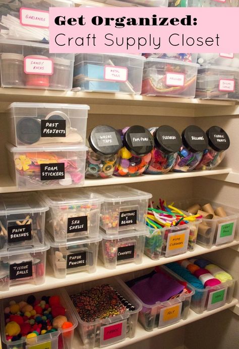 Create the craft supply closet of your dreams with these simple tips! #craftstorage #craftroom #craftsupplies #craftcloset Craft Shelves Organizing, Organizing Craft Supplies, Organizing Your Pantry, Supply Closet, Craft Storage Containers, No Pantry Solutions, Craft Shelves, Gallon Glass Jars, Pantry Storage Containers