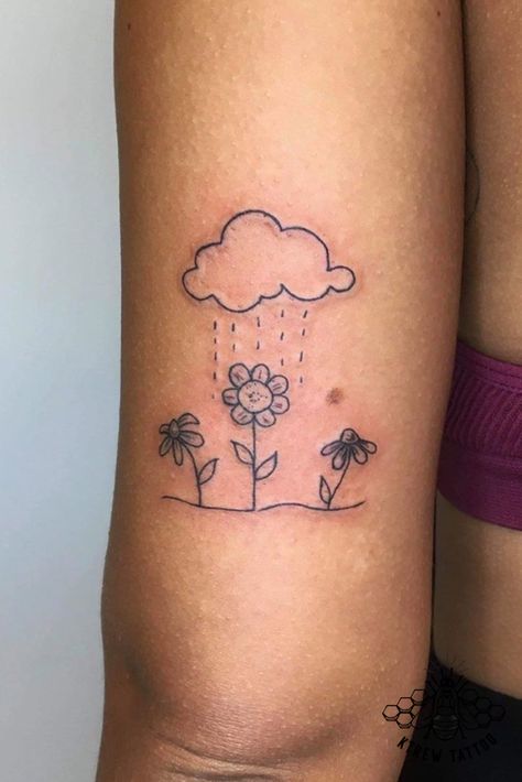 Flower Rain Tattoo, Rain On Flowers Tattoo, Rain Flower Tattoo, Rain And Flowers Tattoo, Optimistic Tattoos, Rainy Tattoo, Rain Tattoo Ideas, Rain Cloud Tattoos, Zipper Tattoo