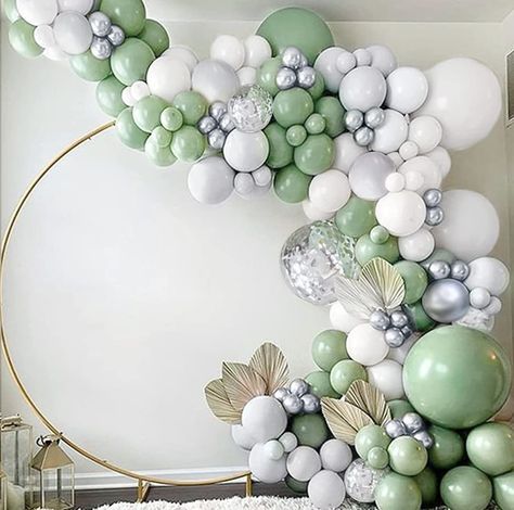 Green White Silver Balloon Arch, Sage Green And White Birthday Decor, Green And Silver Balloon Garland, Sage And Silver Wedding, Sage Green And Silver Wedding, Sage Green Desserts, Sage Green Birthday Decor, Sage Green Balloon Arch, Sage Green Birthday Party