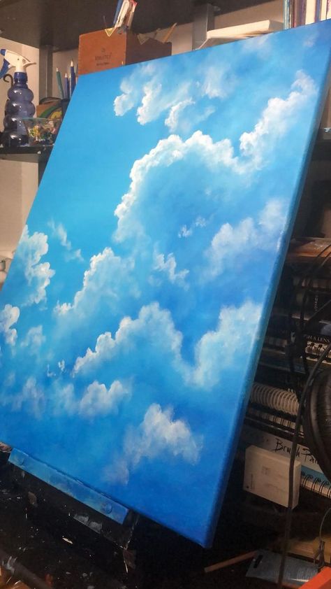 Cloud Painting Ideas On Canvas, Cloud Background Painting, Painting Of Sky With Clouds, Weather Painting Art, Fluffy Clouds Painting, Clouds Art Painting, Art Clouds Painting, Drawing Clouds Acrylic, Dreamy Clouds Painting